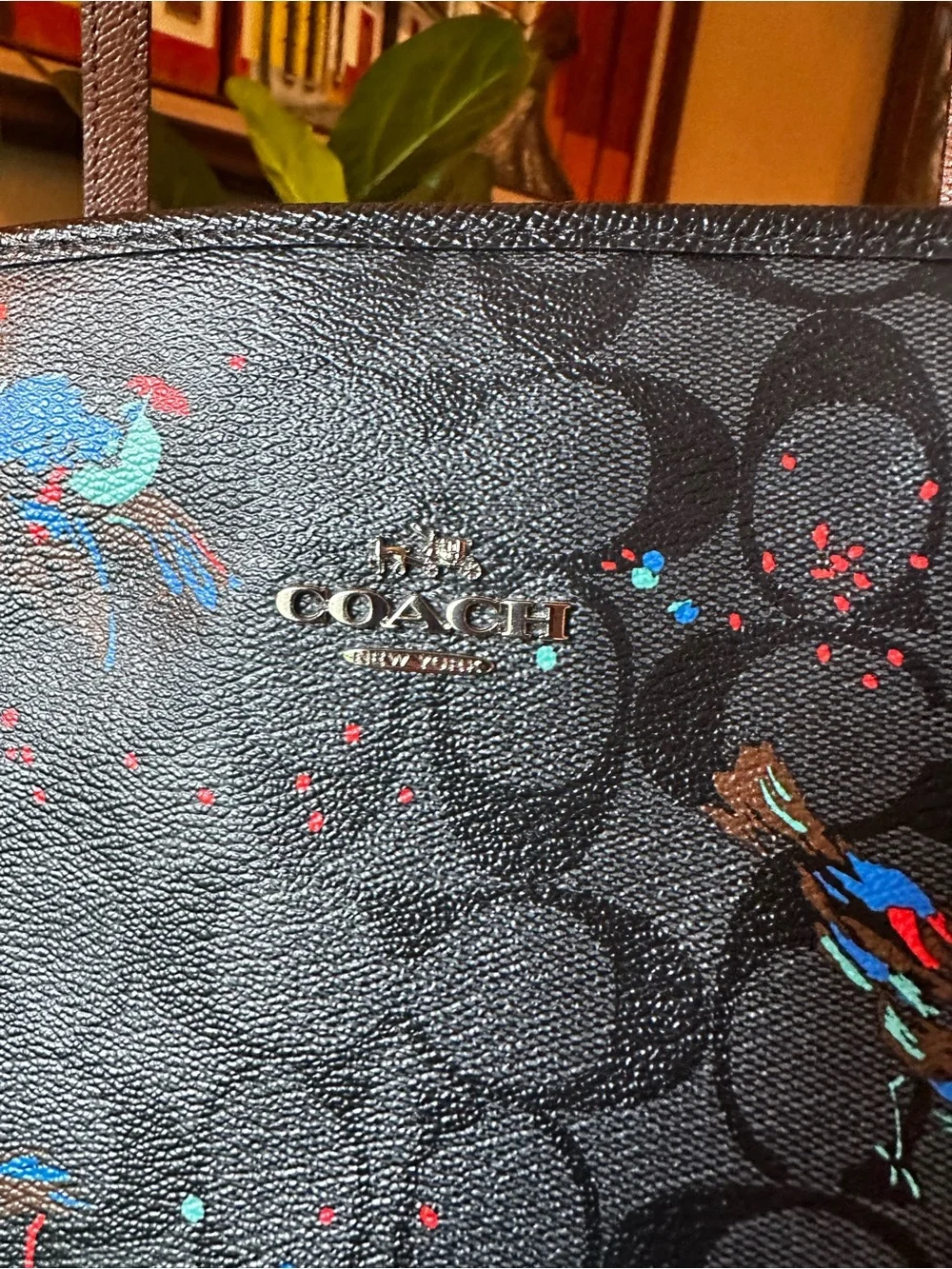 Authentic Coach Black Signature Tote with Blue Accent Floral Print